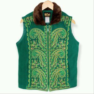 Bob Mackie Wearable Art Full Zip Vest Size Medium Green Embroidered Folk Art